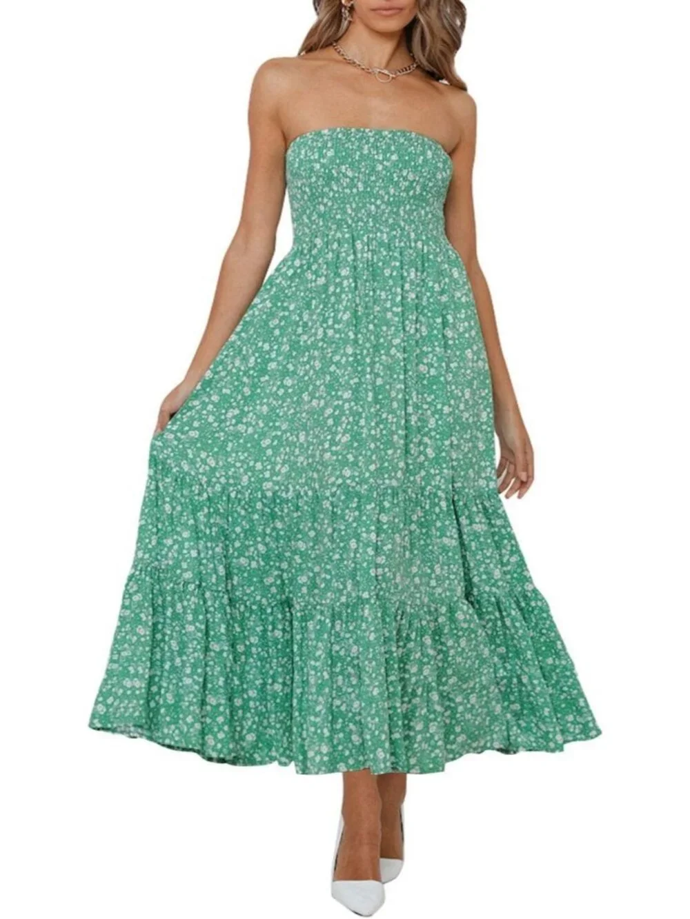 Women's Green Summer Boho Strapless Maxi Off Shoulder Smocked Flowy Dress - Picture 1 of 6